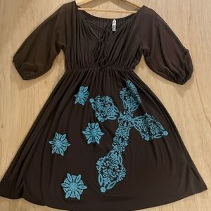 Vintage Voel Bohemian MIDI Dress Women’s Large Brown Embroidered Patch Cross